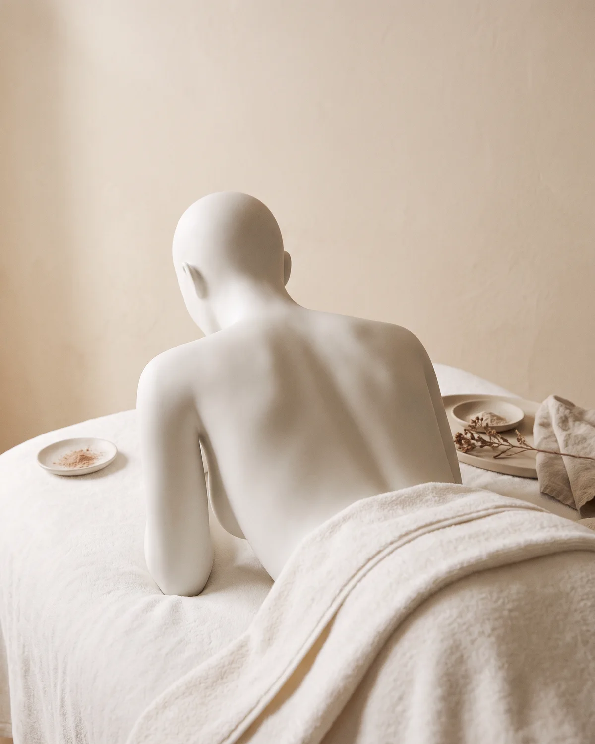 A ceramic figure lying face down on a treatment bed, a towel at the waist