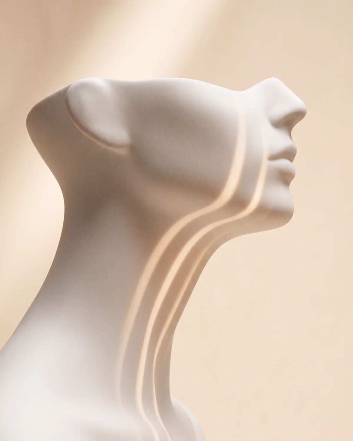 Bands of warm light along a ceramic jawline and neck