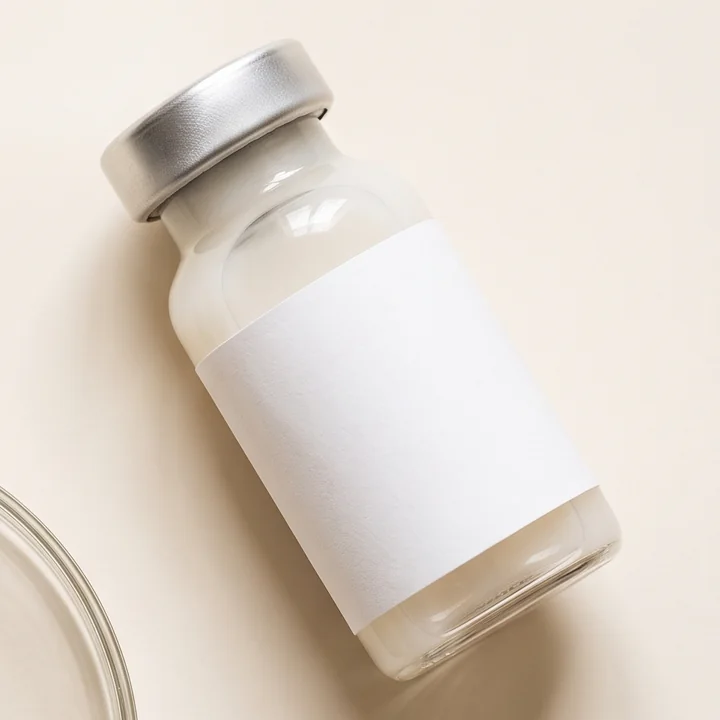A glass vial of serum with a silver cap