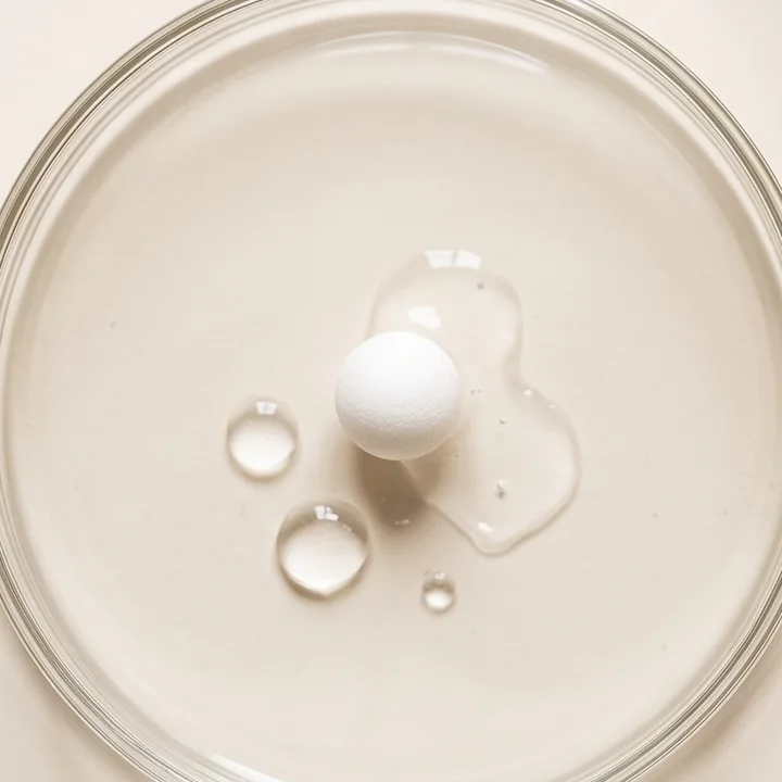A small white freeze-dried ball in a glass dish