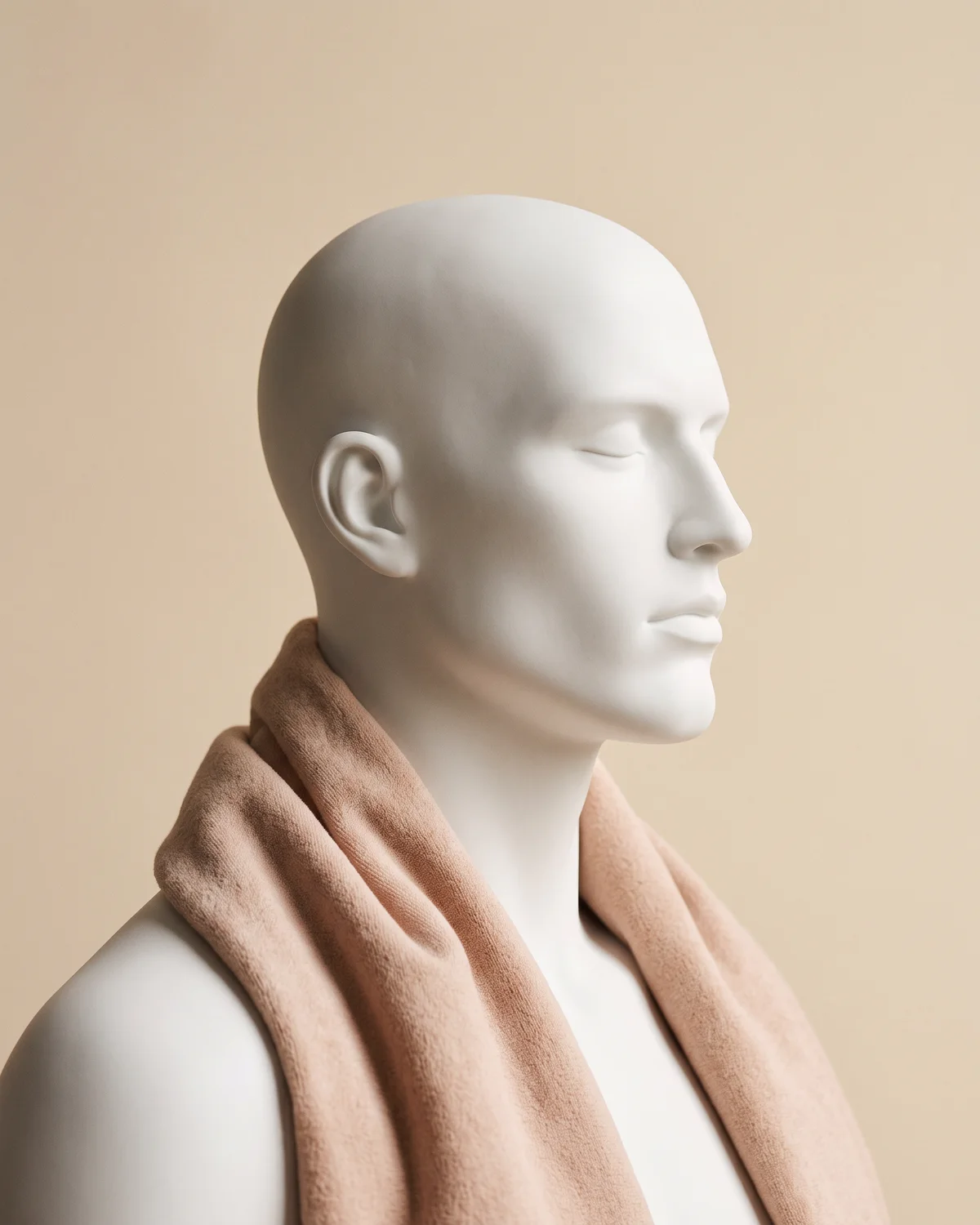 A ceramic male bust with a warm towel around the neck