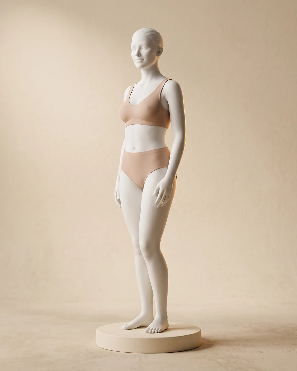 A full-length ceramic figure standing on a low plinth