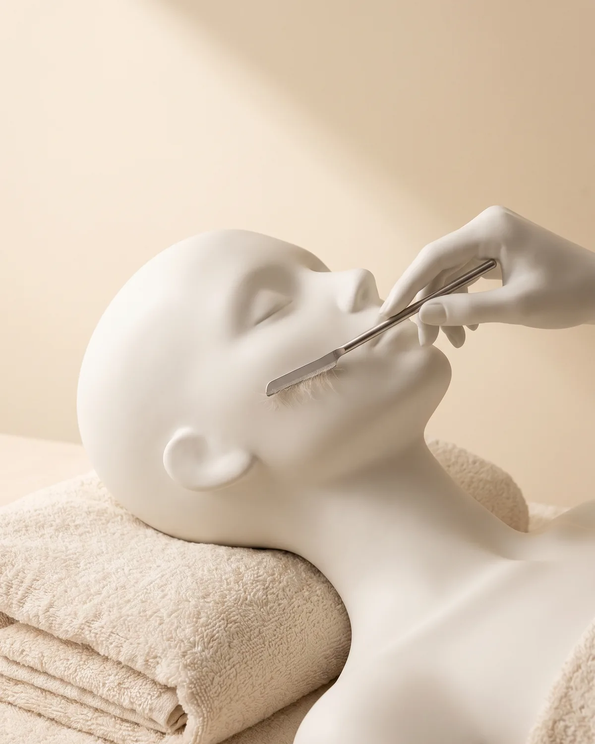 A dermaplaning blade held against a ceramic cheek