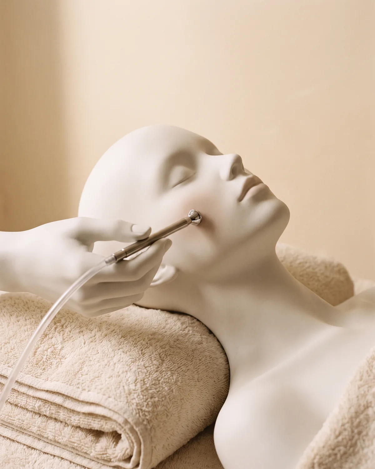 A diamond-tip wand held against a ceramic cheek